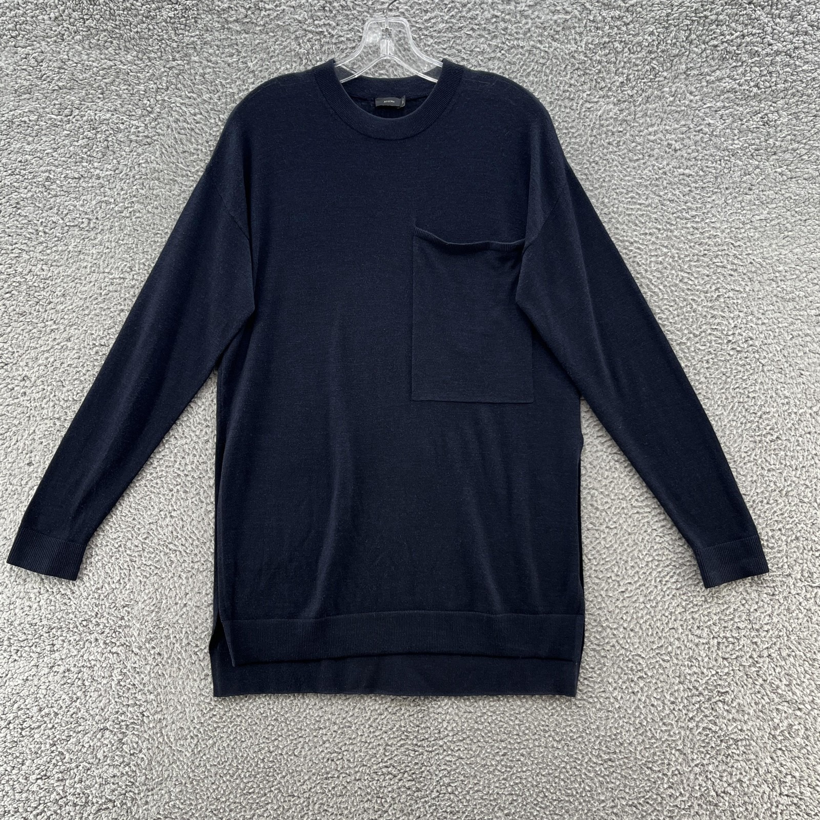 Joseph Sweater Womens Medium Navy Merino Wool Chest Pocket Side Slit Hem Tunic